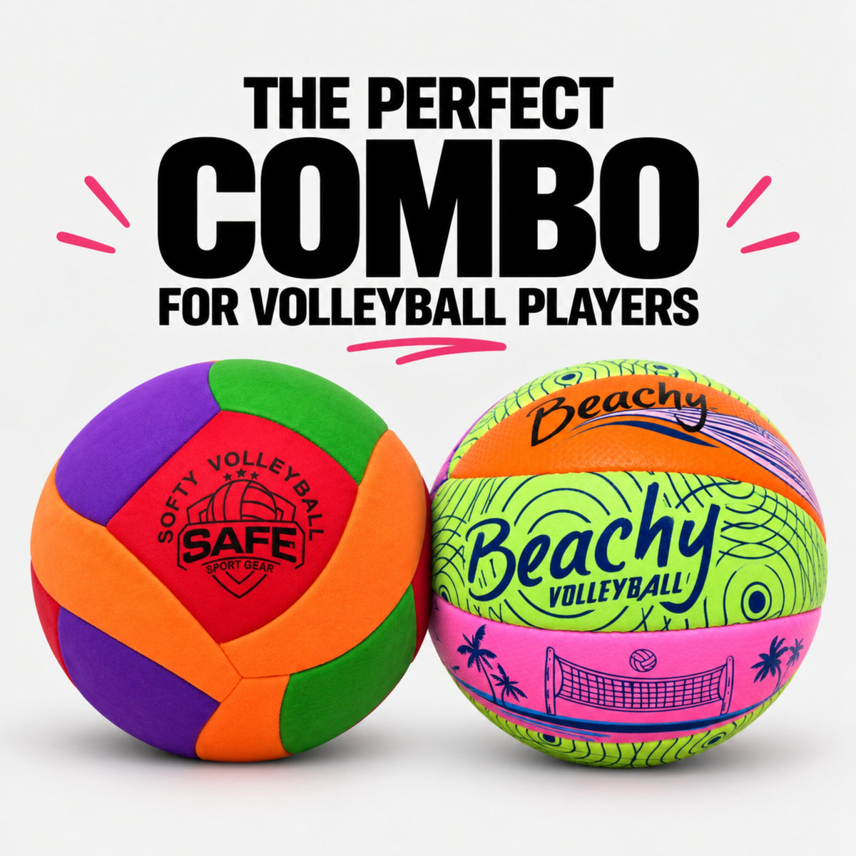 Two colorful volleyballs on a light gray background with promotional text reading 'THE PERFECT COMBO FOR VOLLEYBALL PLAYERS.' The left ball is multicolor with purple, green, orange, and red panels and a visible 'SAFE Sport Gear' logo.