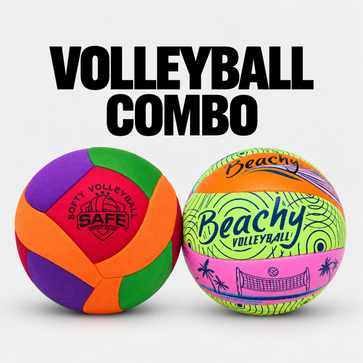 Two colorful volleyballs on a light gray background with the text 'VOLLEYBALL COMBO' above them. The left ball is multicolor with purple, green, orange, and red panels, featuring a 'SAFE Sport Gear' logo.