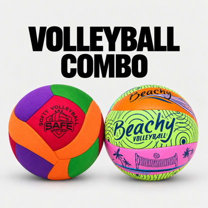 Two colorful volleyballs on a light gray background with the text 'VOLLEYBALL COMBO' above them. The left ball is multicolor with purple, green, orange, and red panels, featuring a 'SAFE Sport Gear' logo.